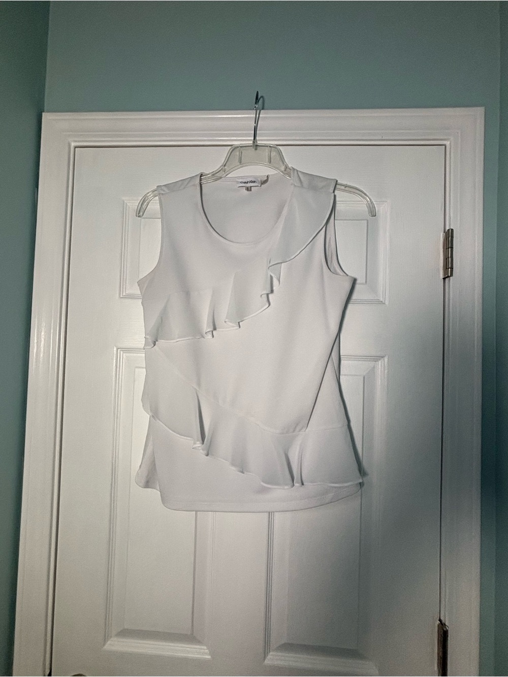 Calvin Klein White Sleeveless Ruffle Detail Blouse